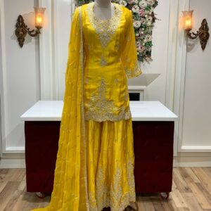 Elegant Yellow Embroidered Sharara Suit