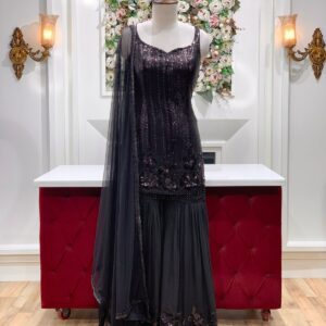 Elegant Black Sequin Sharara Set with Net Dupatta